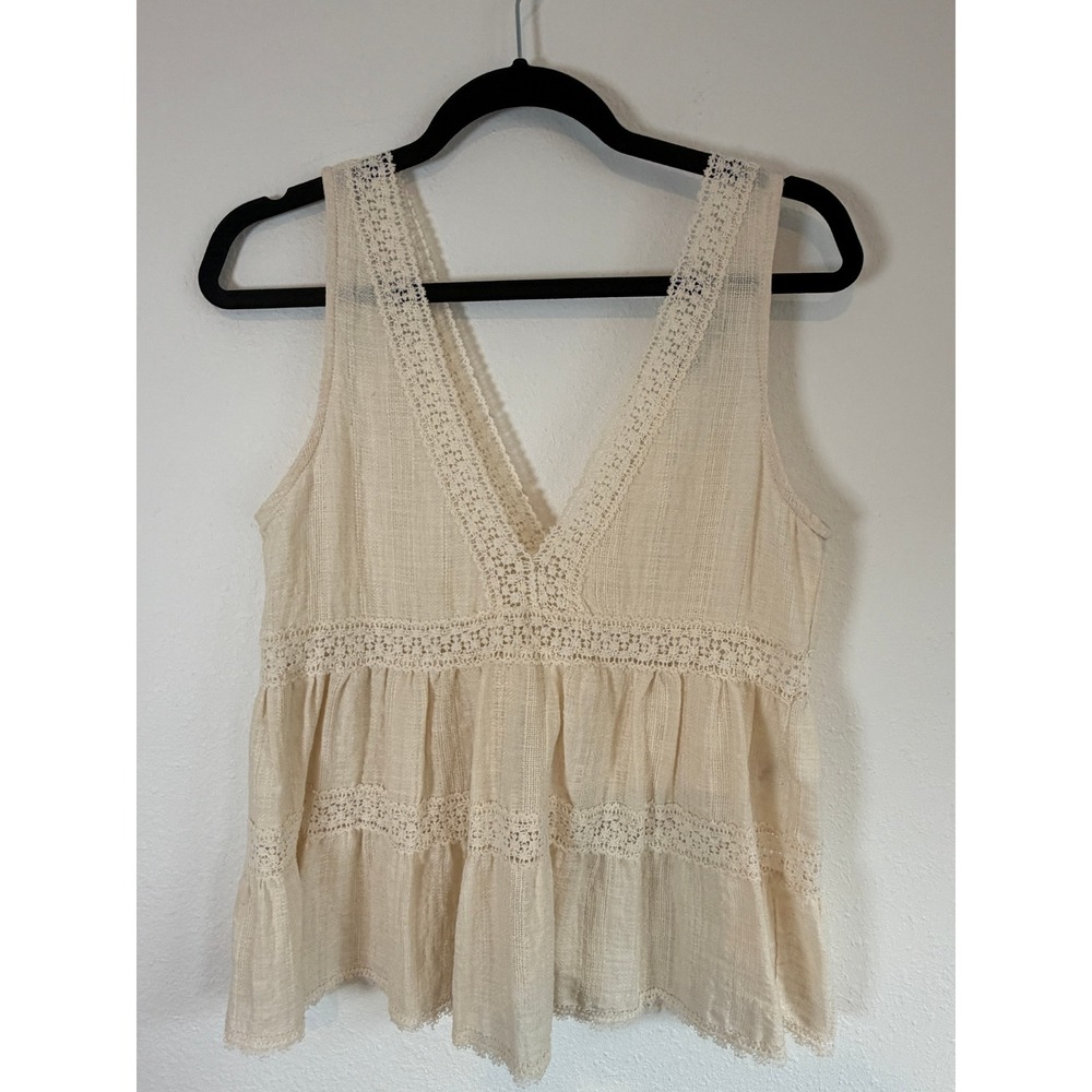 Zara Cream Crochet Lace Trim V-Neck Peplum Sleeveless Top Small Boho Cotton